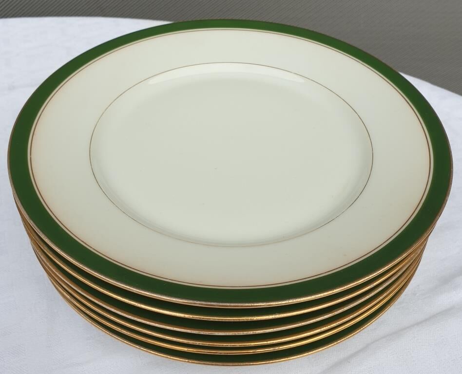 Set 6 porcelain plates Aux Lions de Faïence 1920 imperial green and gold