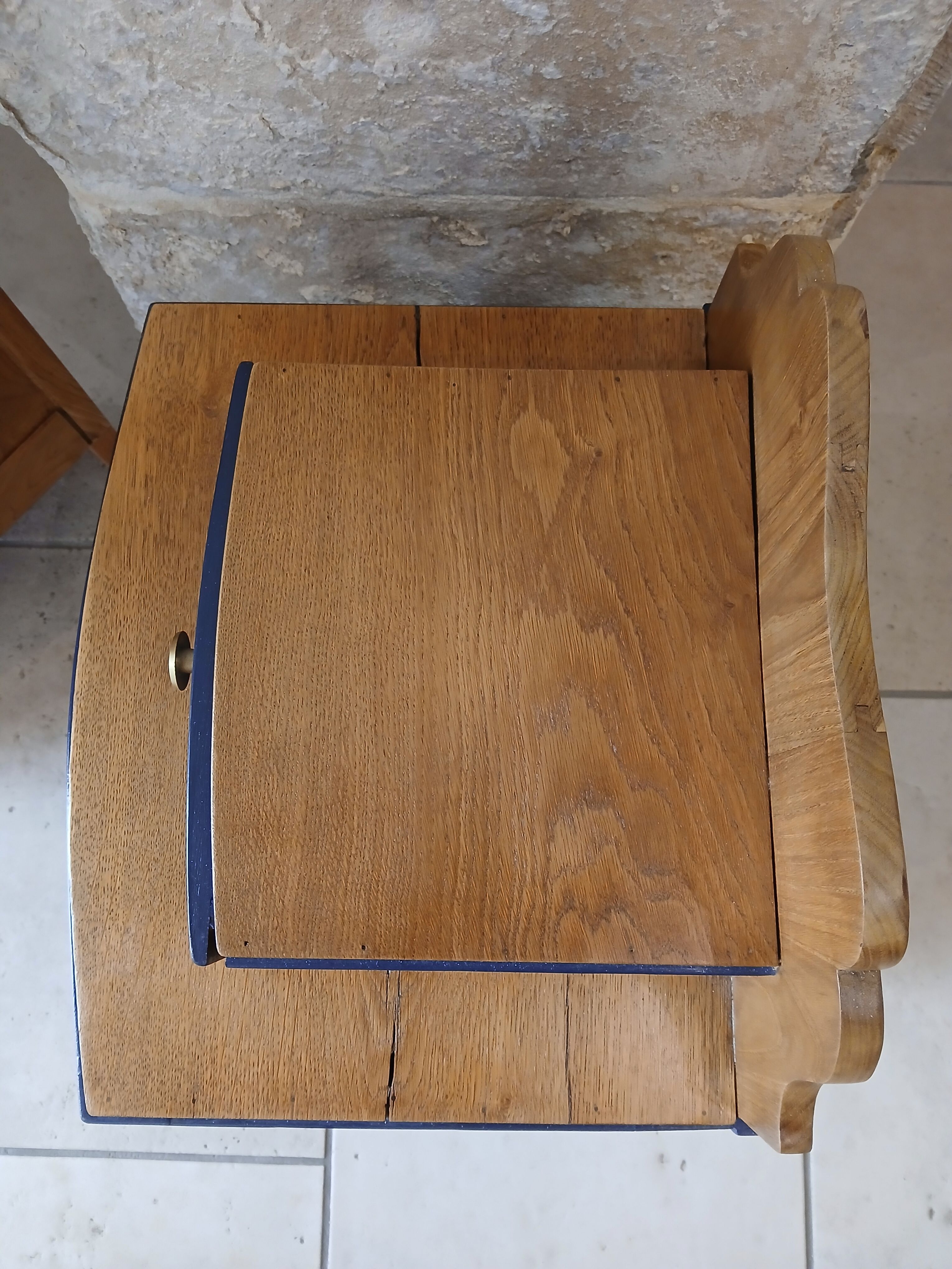 deep blue and wood refurbished bedside table