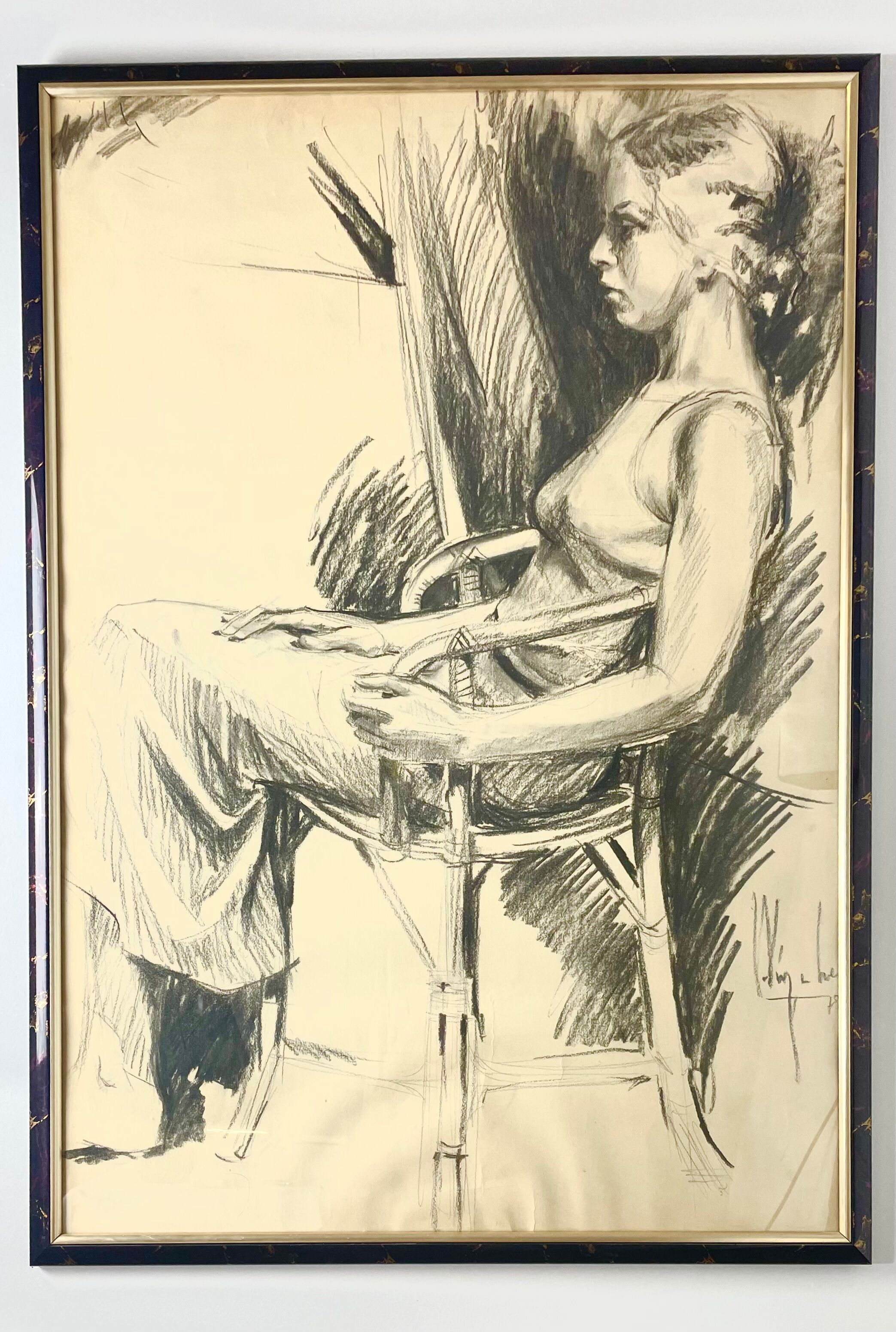 Charcoal drawing signed and dated, Young woman seated, 1976.