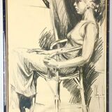 Charcoal drawing signed and dated, Young woman seated, 1976.