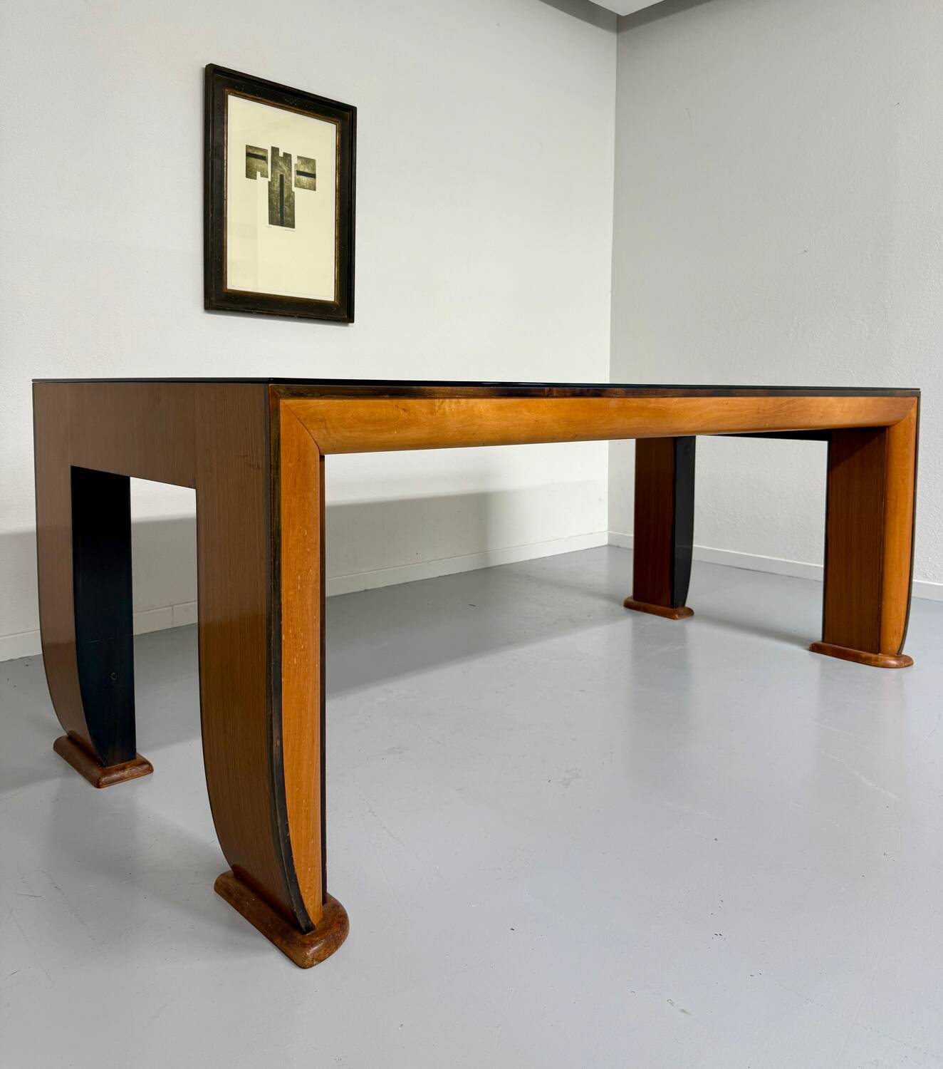 Antique wood and glass table, Art Deco Italian design, Borsani, 1940