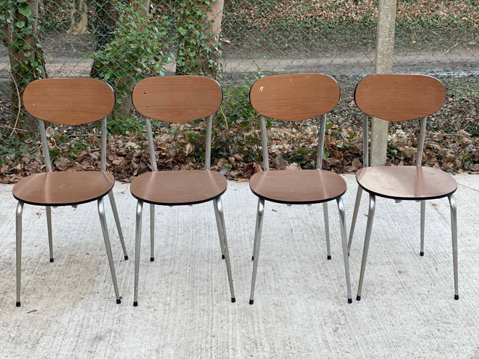 4 brown formica kitchen chairs with wood effect