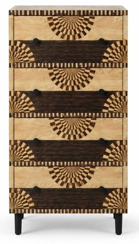 A tall Art Deco chest of drawers in beech wood with a graphic and contrasting design.