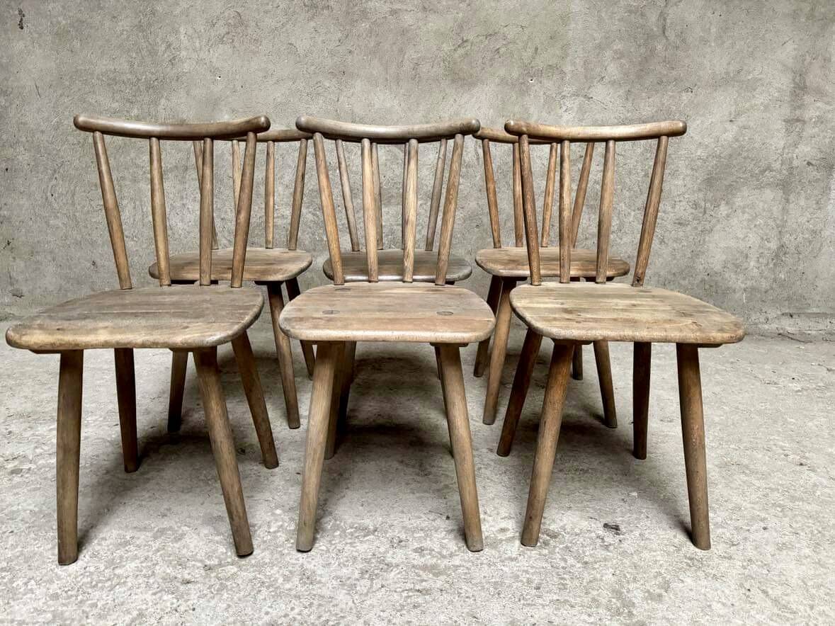 Series Set of 6 old rustic Western bistro chairs in original patina wood