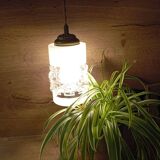 Lampe baladeuse style art deco tube verre texturé, cordon lin