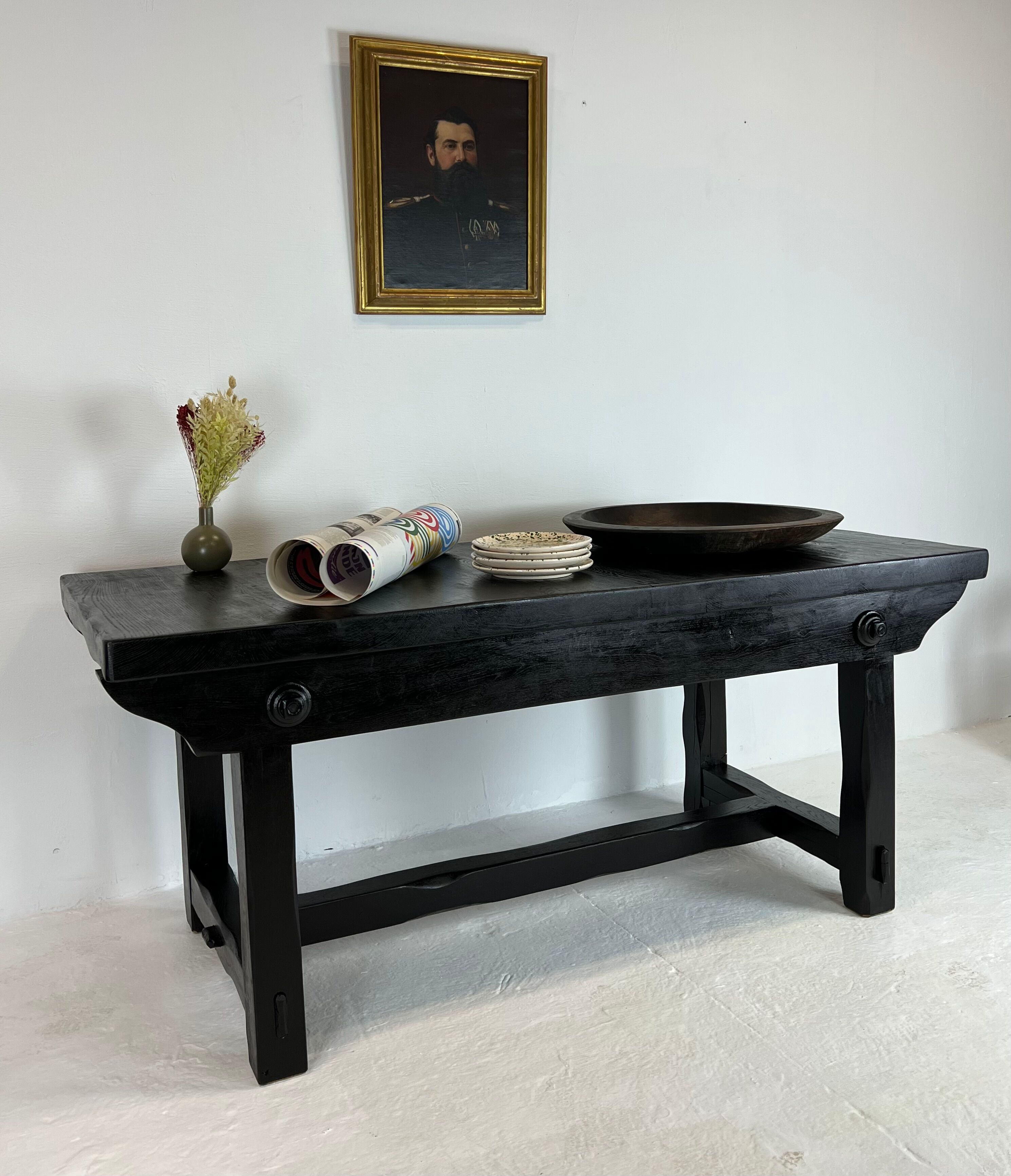 Brutalist elm table Wabi-sabi spirit and its 2 benches