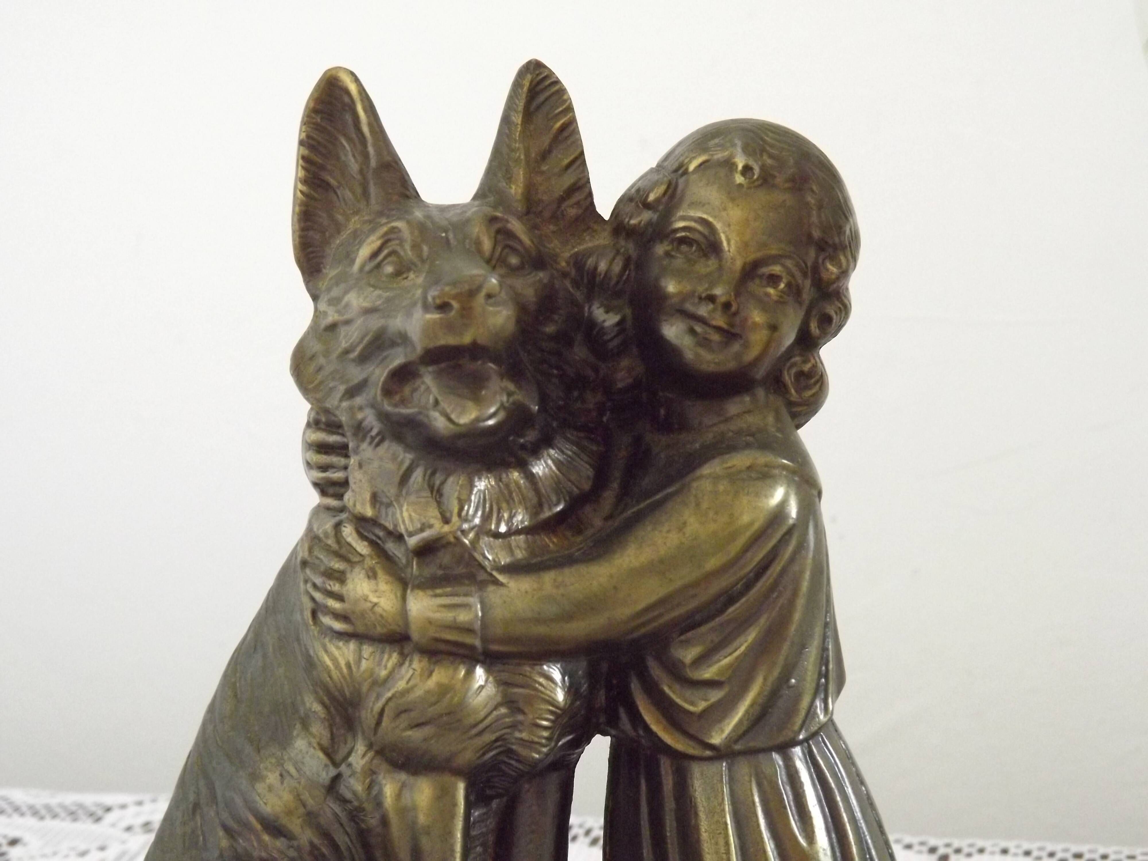 French Art Deco Table Lamp – Kneeling Girl with Dog & Clichy Glass Shade