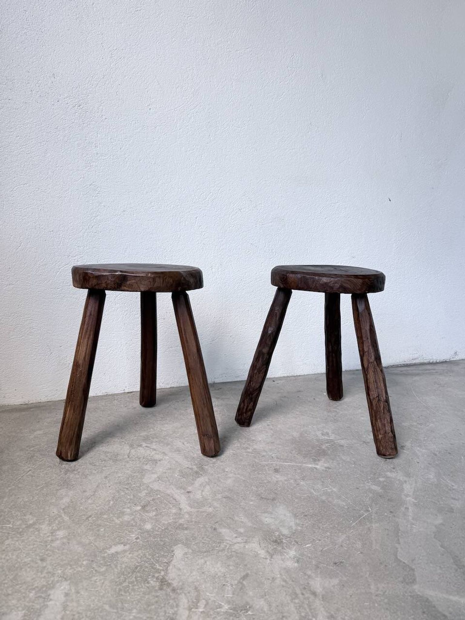 Pair of tripod stools in oak