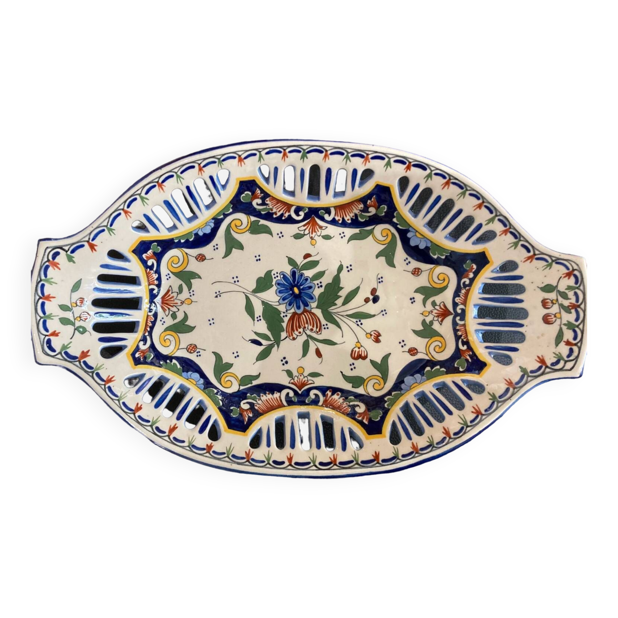 openwork fruit or bread basket in Rouen earthenware, early 20th century