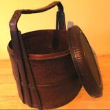 Antique basket in wood and rattan with 3 sections, 1900