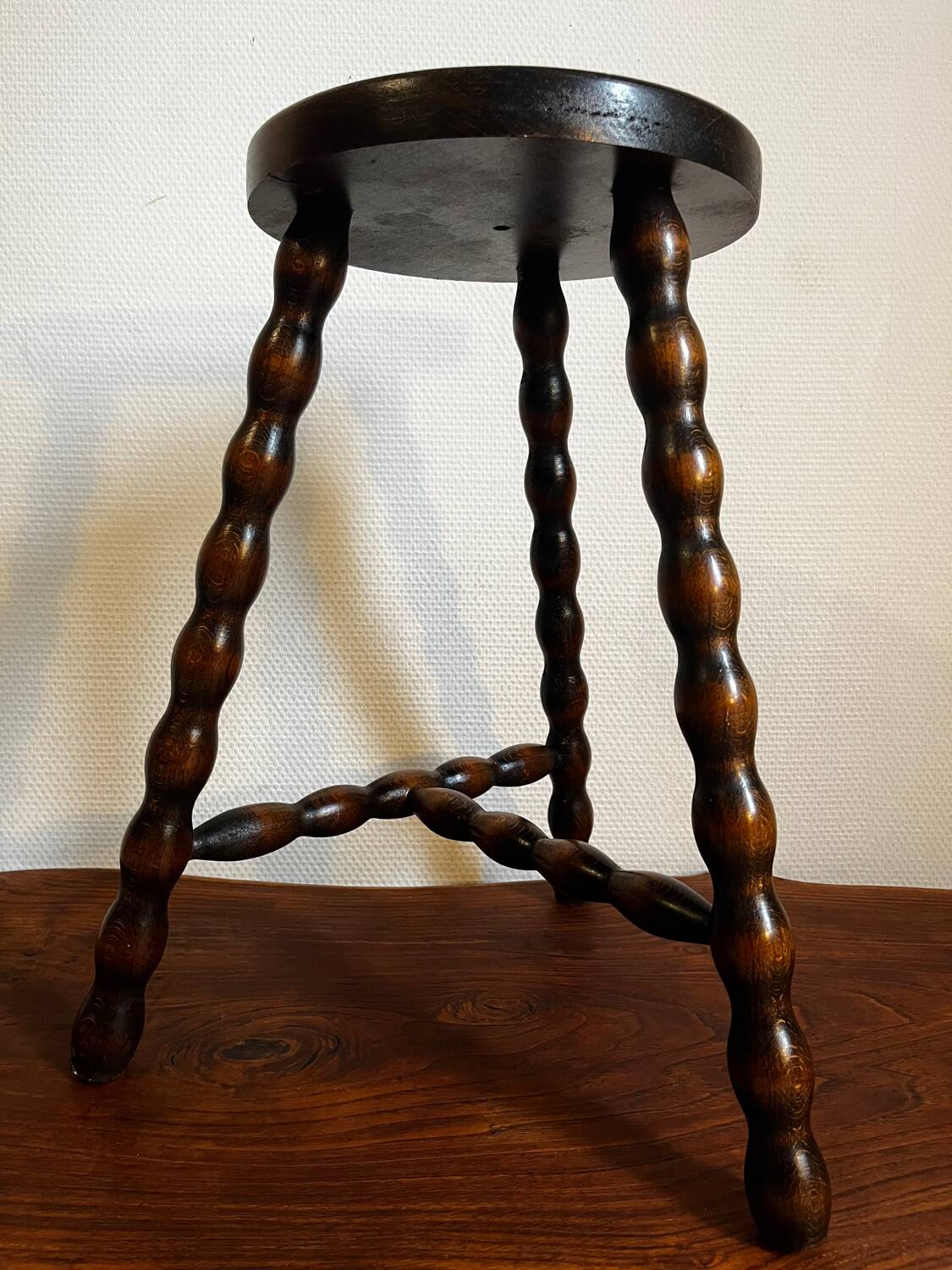 Tripod stool, turned wooden plant holder