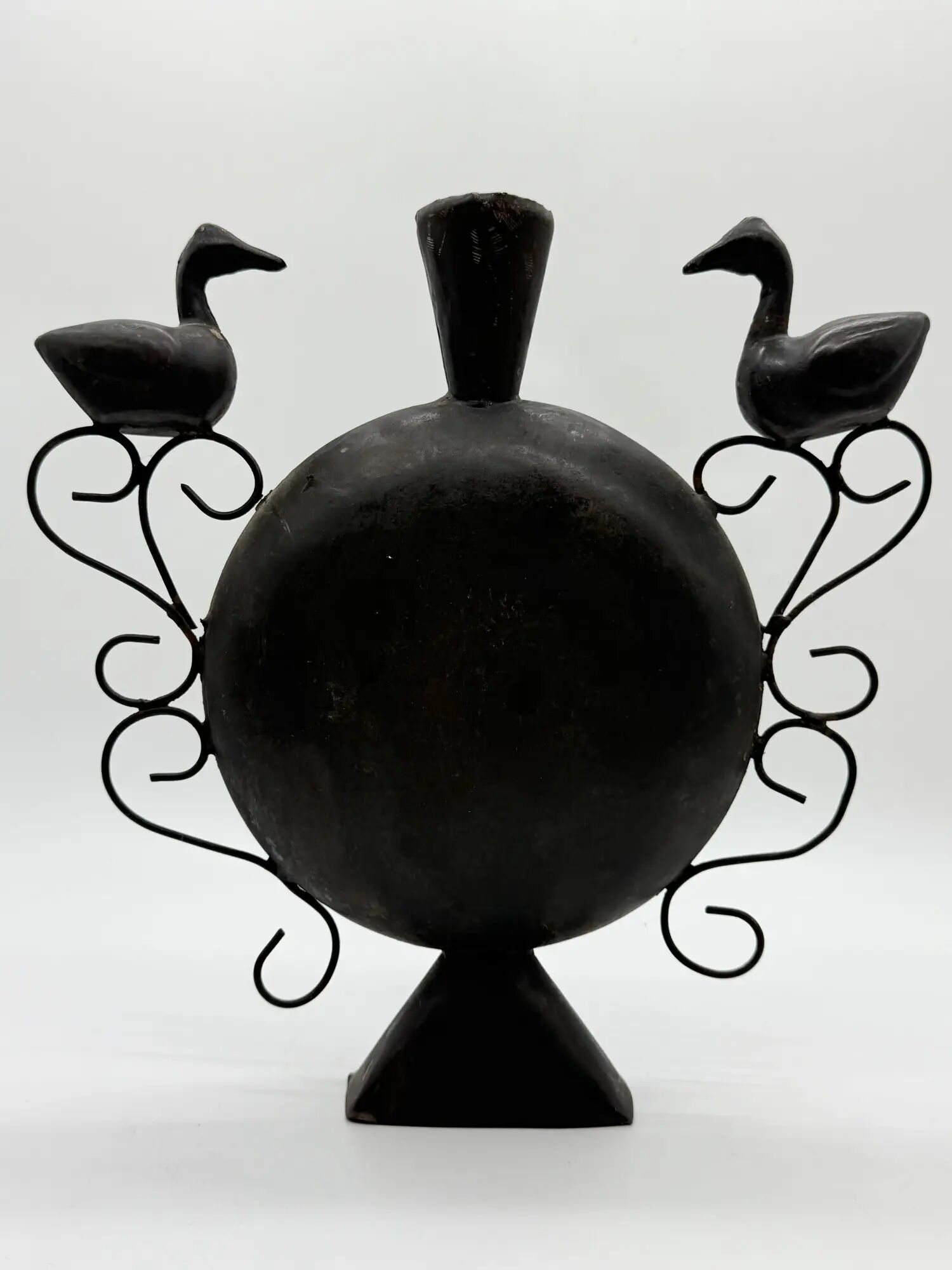 Vase with birds in forged metal, handcrafted, 1960s