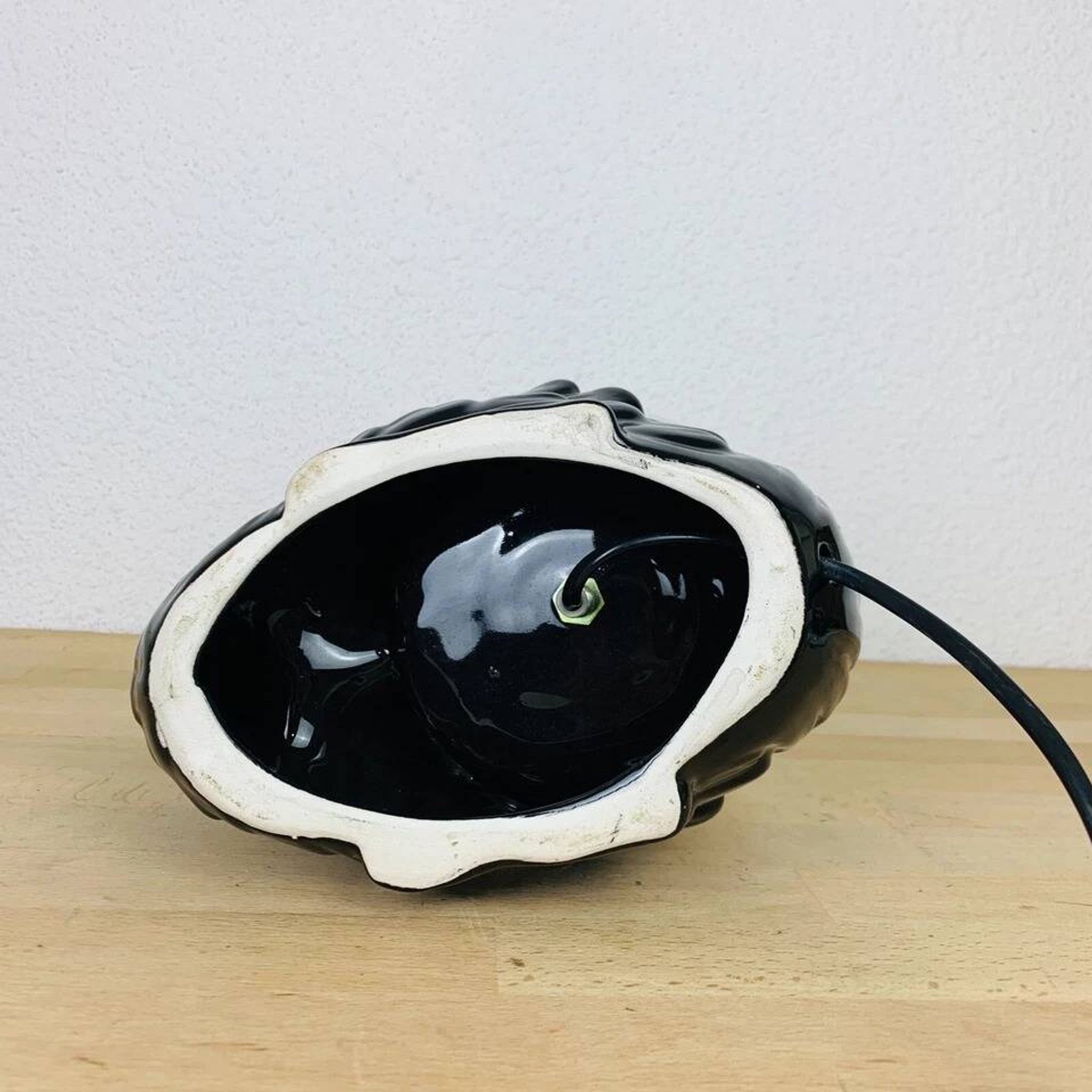 Black ceramic swan lamp with vintage opaline globe