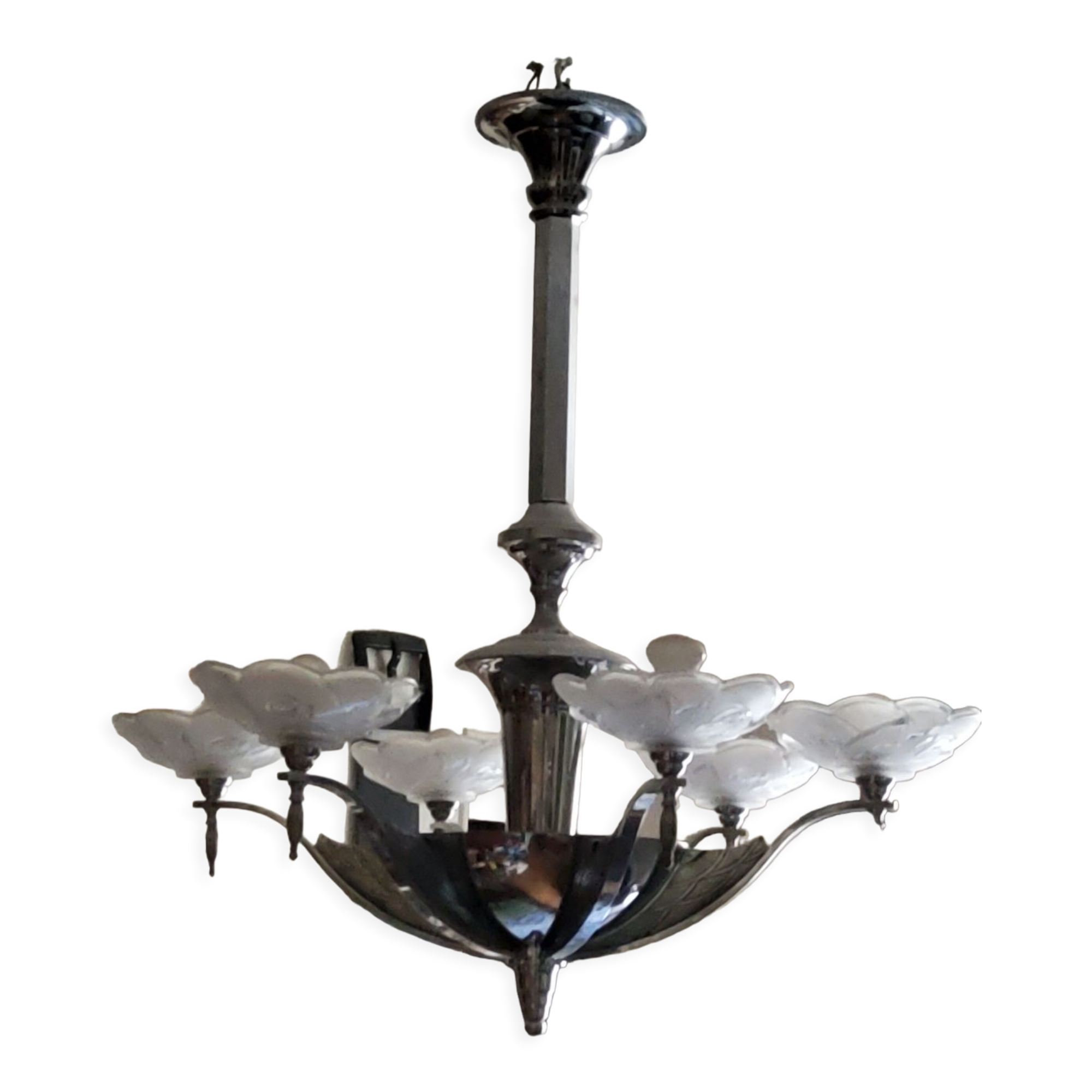 Art deco chandelier in chromed metal and glass 6 arms of lights