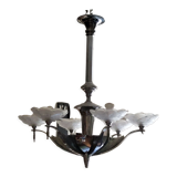 Art deco chandelier in chromed metal and glass 6 arms of lights