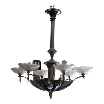 Art deco chandelier in chromed metal and glass 6 arms of lights