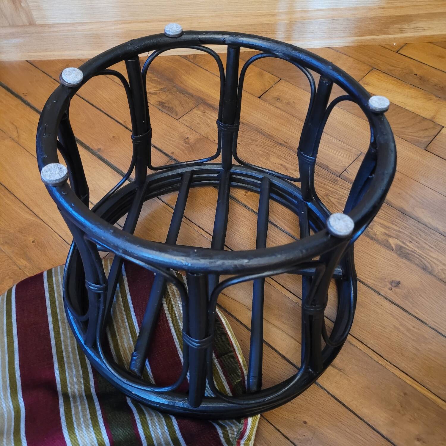 Black bamboo pouf with striped velvet seat pad – vintage 1970s