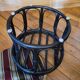 Black bamboo pouf with striped velvet seat pad – vintage 1970s