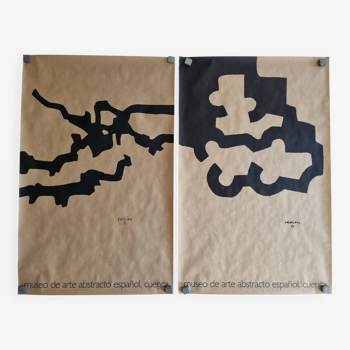 Deux affiches sérigraphiées Eduardo Chillida, abstraction sur papier kraft, 50 x 70 cm