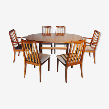 Expandable table set with 6 Scandinavian g Plan teak chairs