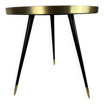Table basse, d'appoint artisanale en laiton, métal et miroir
