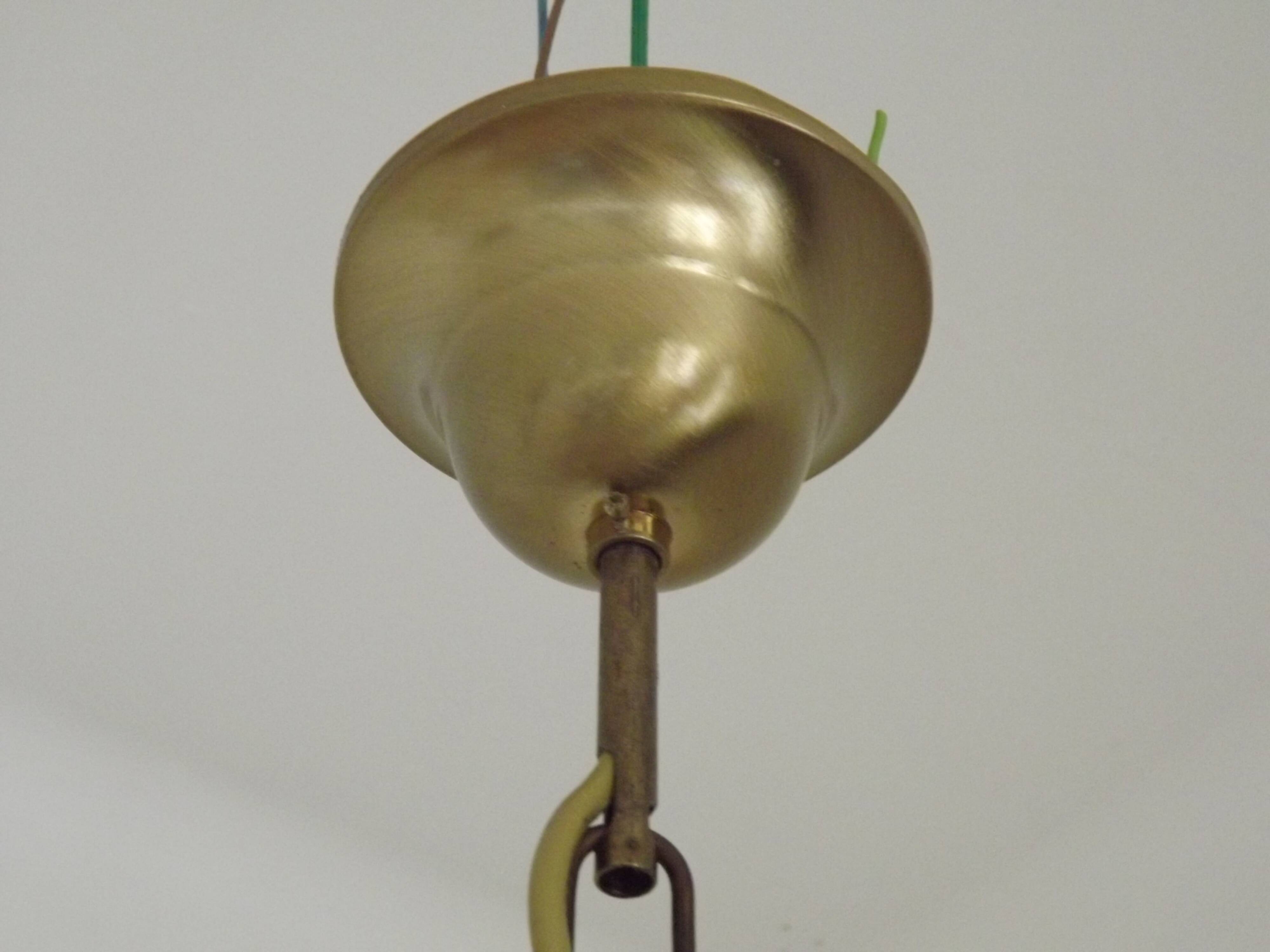 French Mid-Century Bronzed Metal & Wood 5-Light Chandelier with Glass Shades