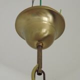 French Mid-Century Bronzed Metal & Wood 5-Light Chandelier with Glass Shades