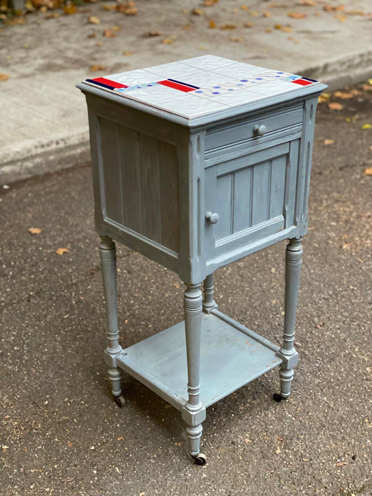 Henri II bedside table in solid grey wood and marble