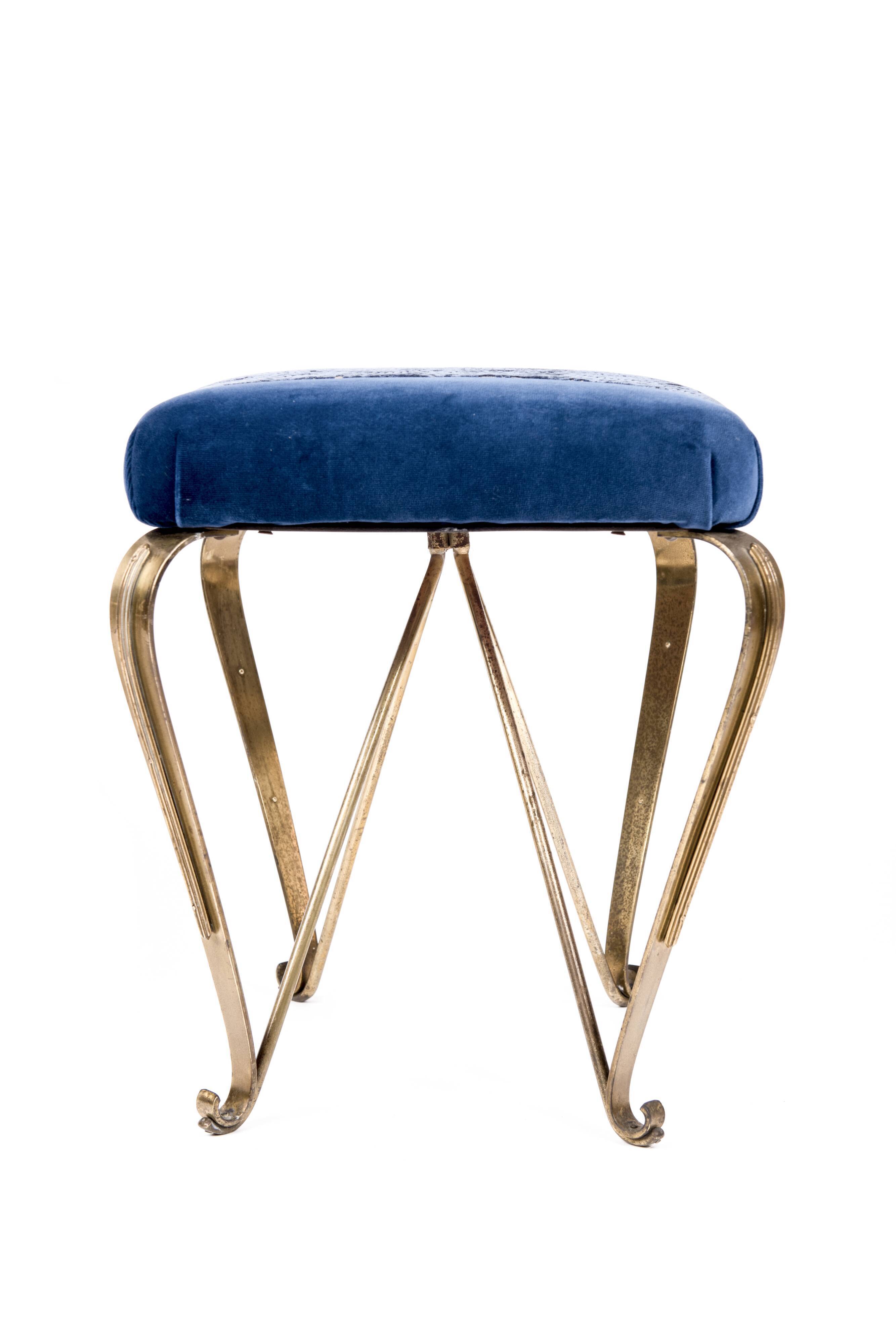 Pair of vintage brass and blue velvet feet rest
