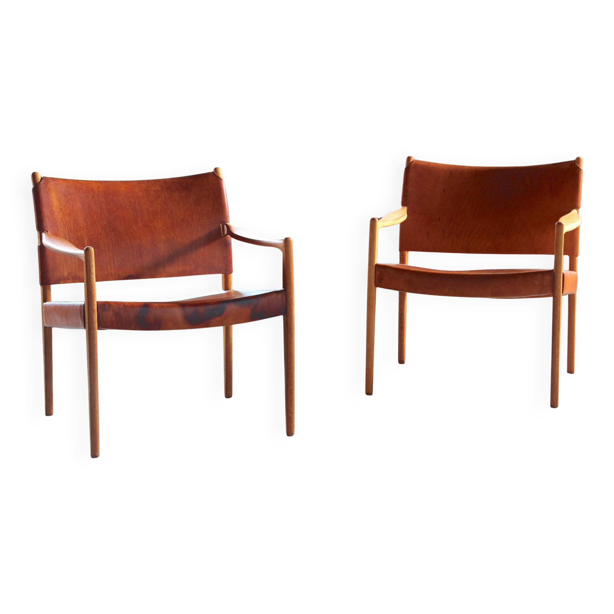 Pair of vintage Per-Olof Scotte "Premier 69" oak armchairs in cognac leather