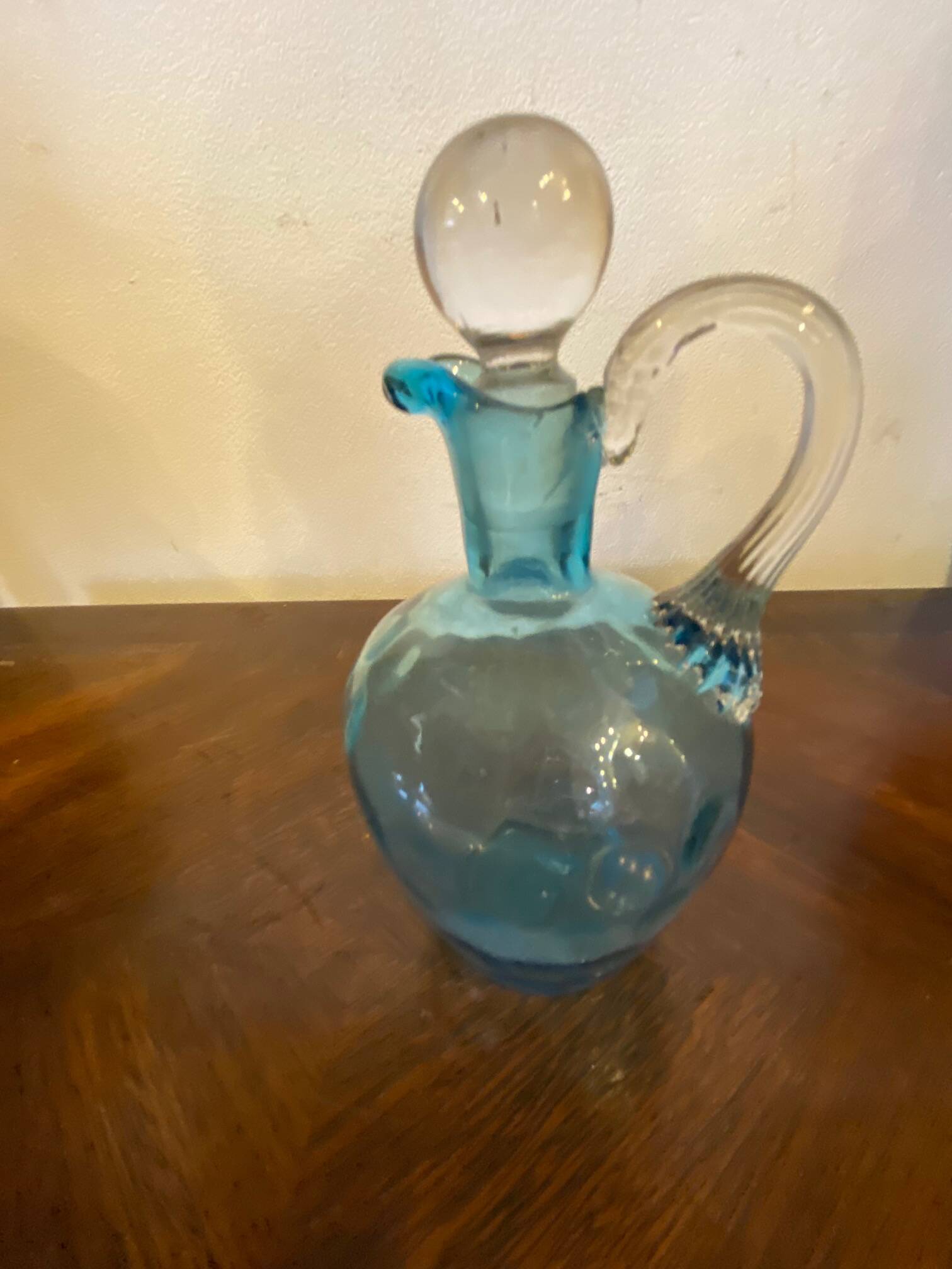Night carafe in blue tones waffle glass with cabochon early 20th century