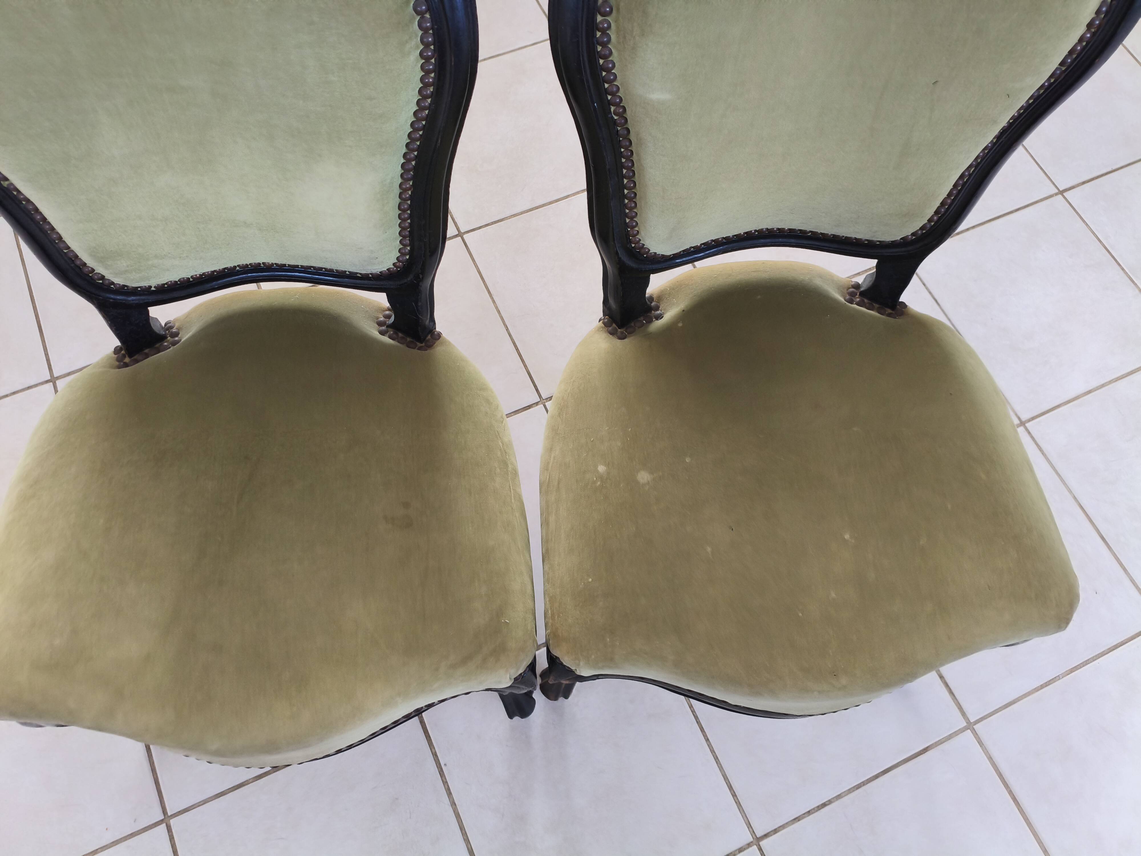 Set of 2 vintage Louis XV style chairs – Green velvet & black wood