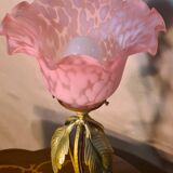 Lampe fer forgé patine bronze 1920 a 40 jolie tulipe pate de verre rose 36x