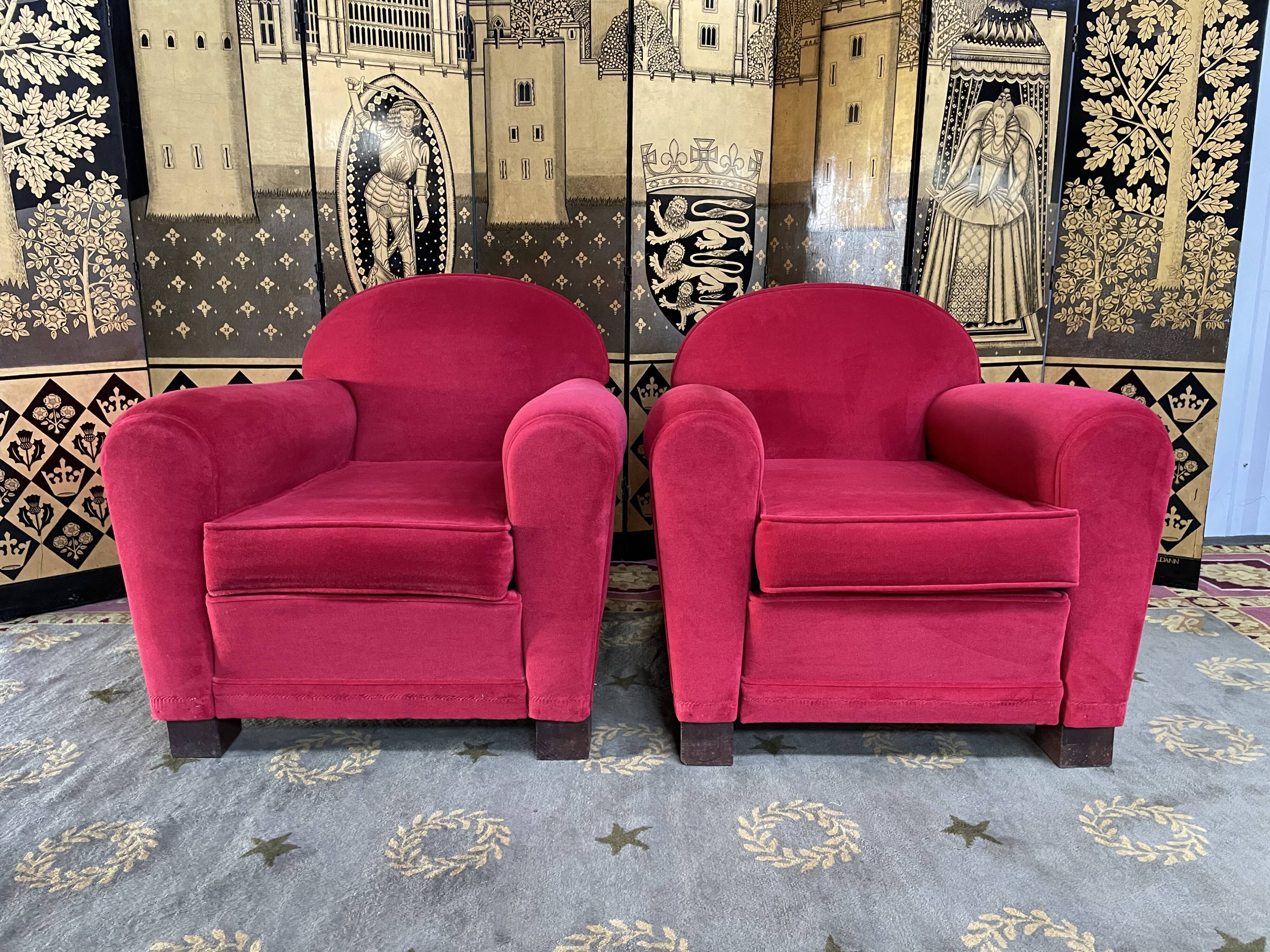 Pair of Red Velvet Art Deco Club Armchairs