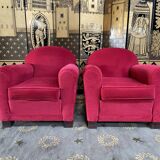 Pair of Red Velvet Art Deco Club Armchairs