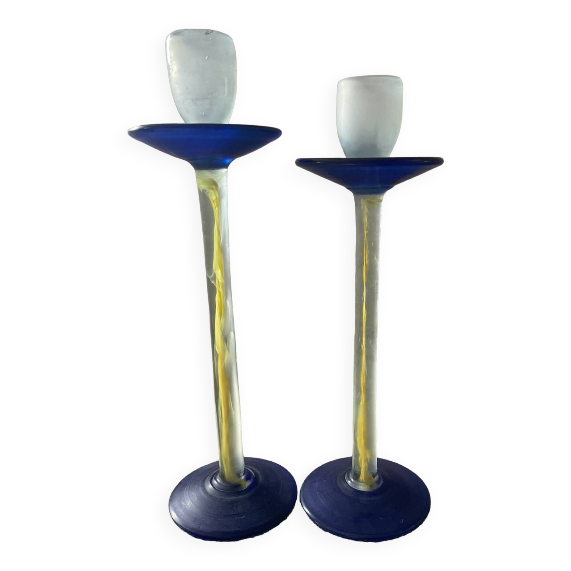 Duo of vintage Kosta Boda candlesticks in glass paste