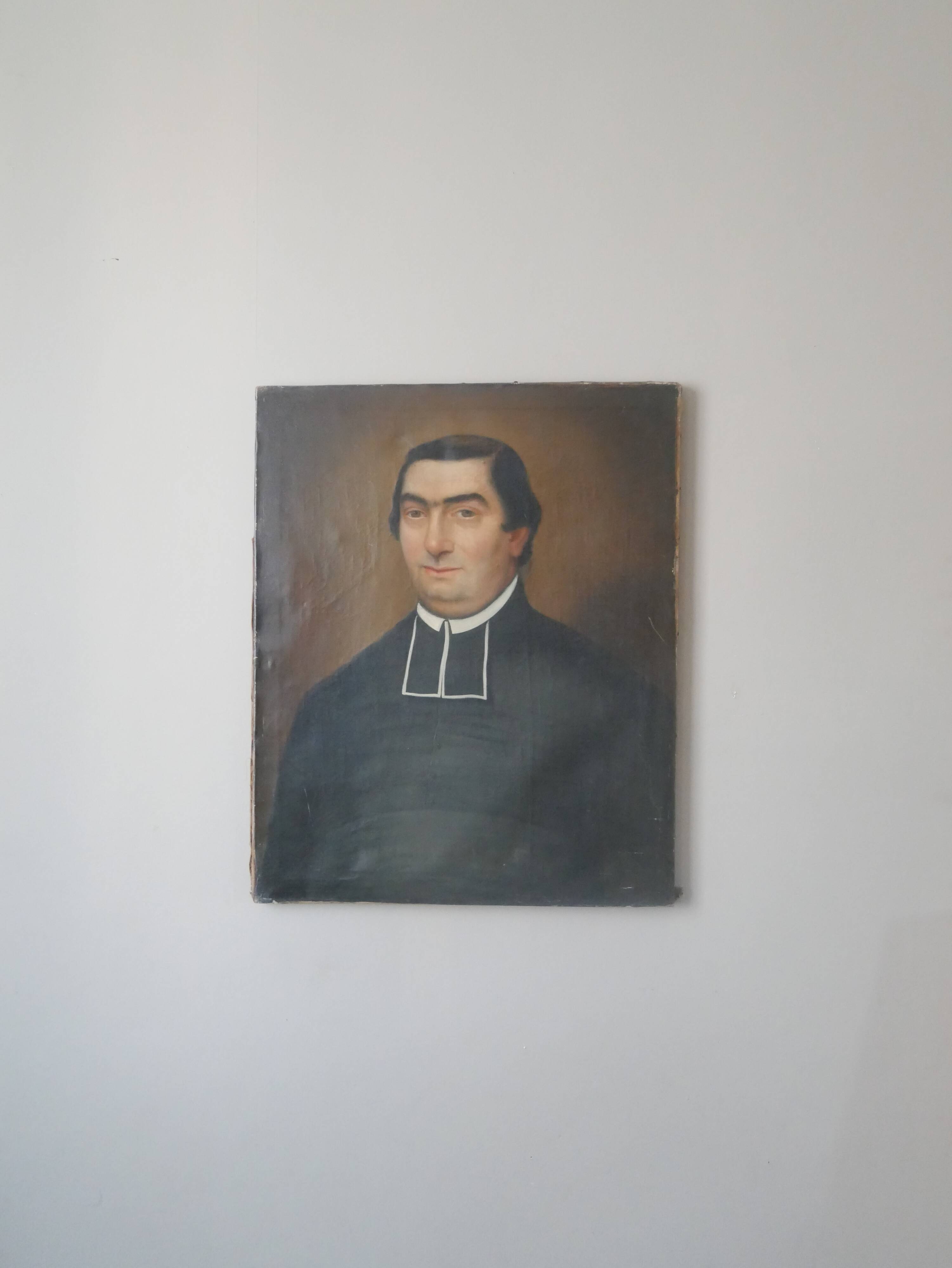 Old 19th century oil on canvas portrait painting priest vintage religious painting