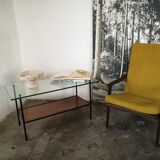 50s coffee table in wood and metal glass