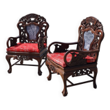 Set 2 vintage Chinese Asian chairs carved rosewood with marble