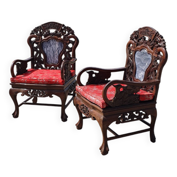 Set of 2 vintage Chinese Asian chairs in carved rosewood with marble.