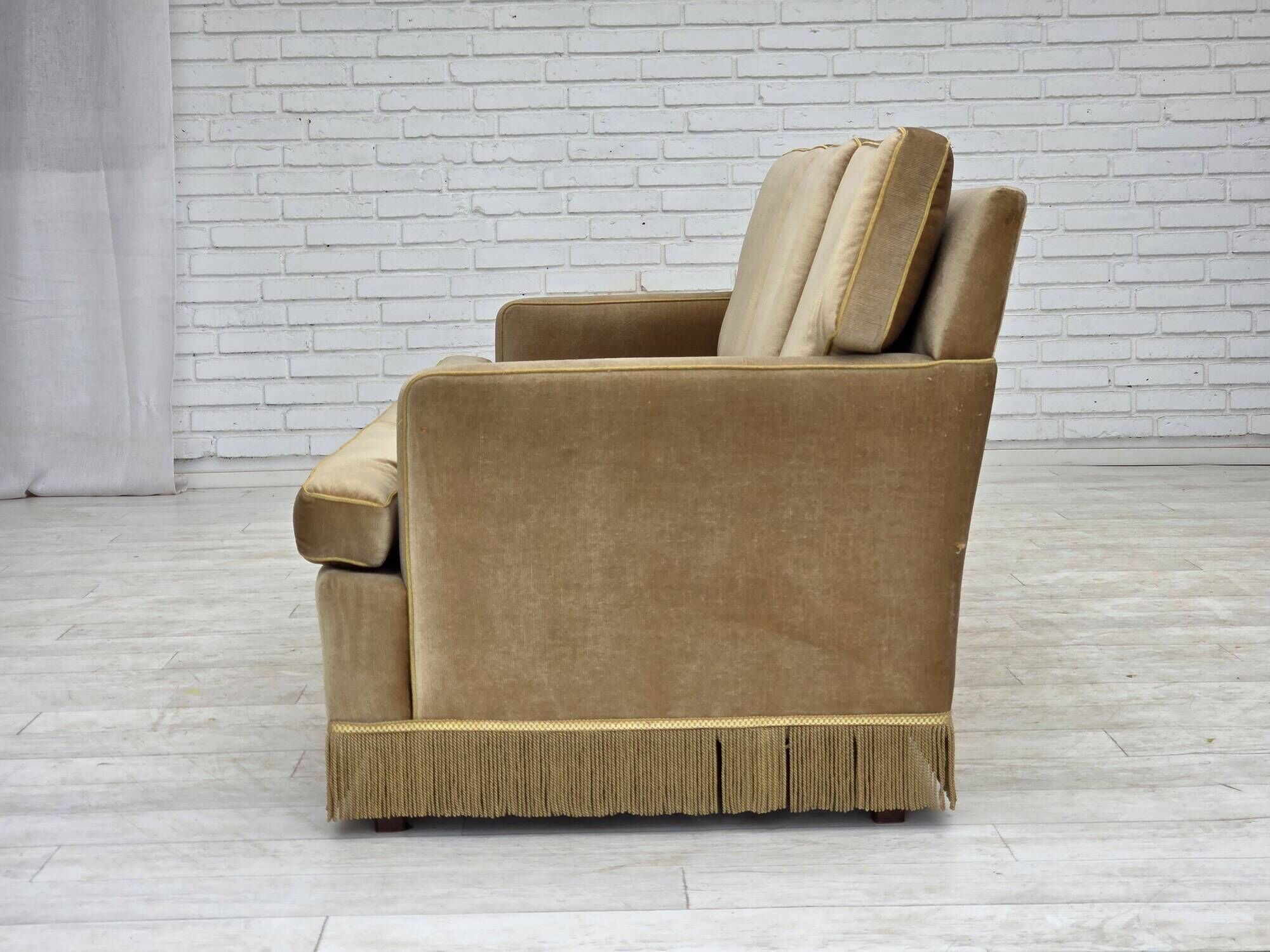 1970s, Danish 3-seater sofa, honey yellow furniture velour.