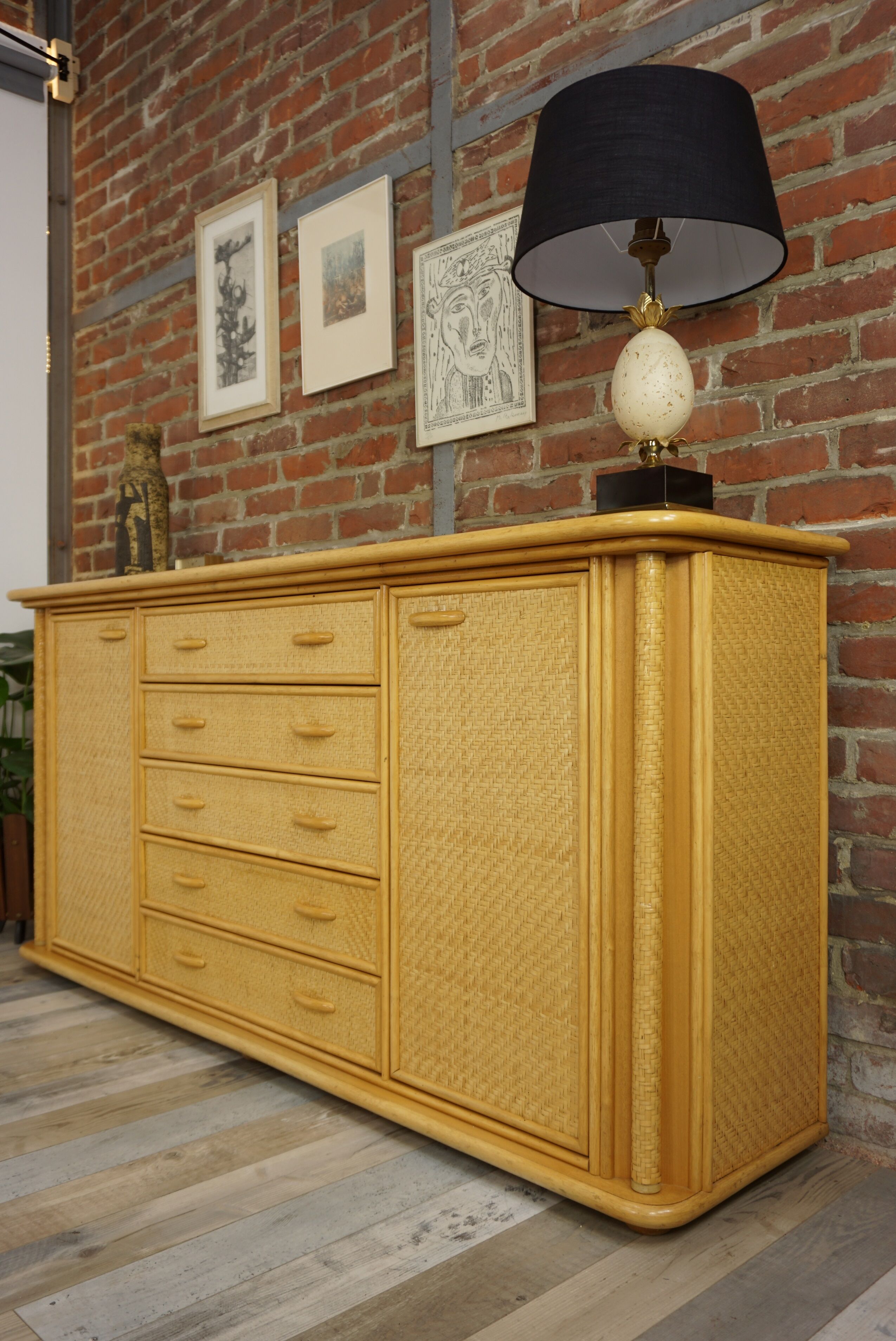Wooden and rattan sideboard