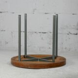Side table tubular steel base, round top strapping wood, France, circa 1950