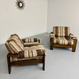 2 vintage 1970s wooden and fabric armchairs