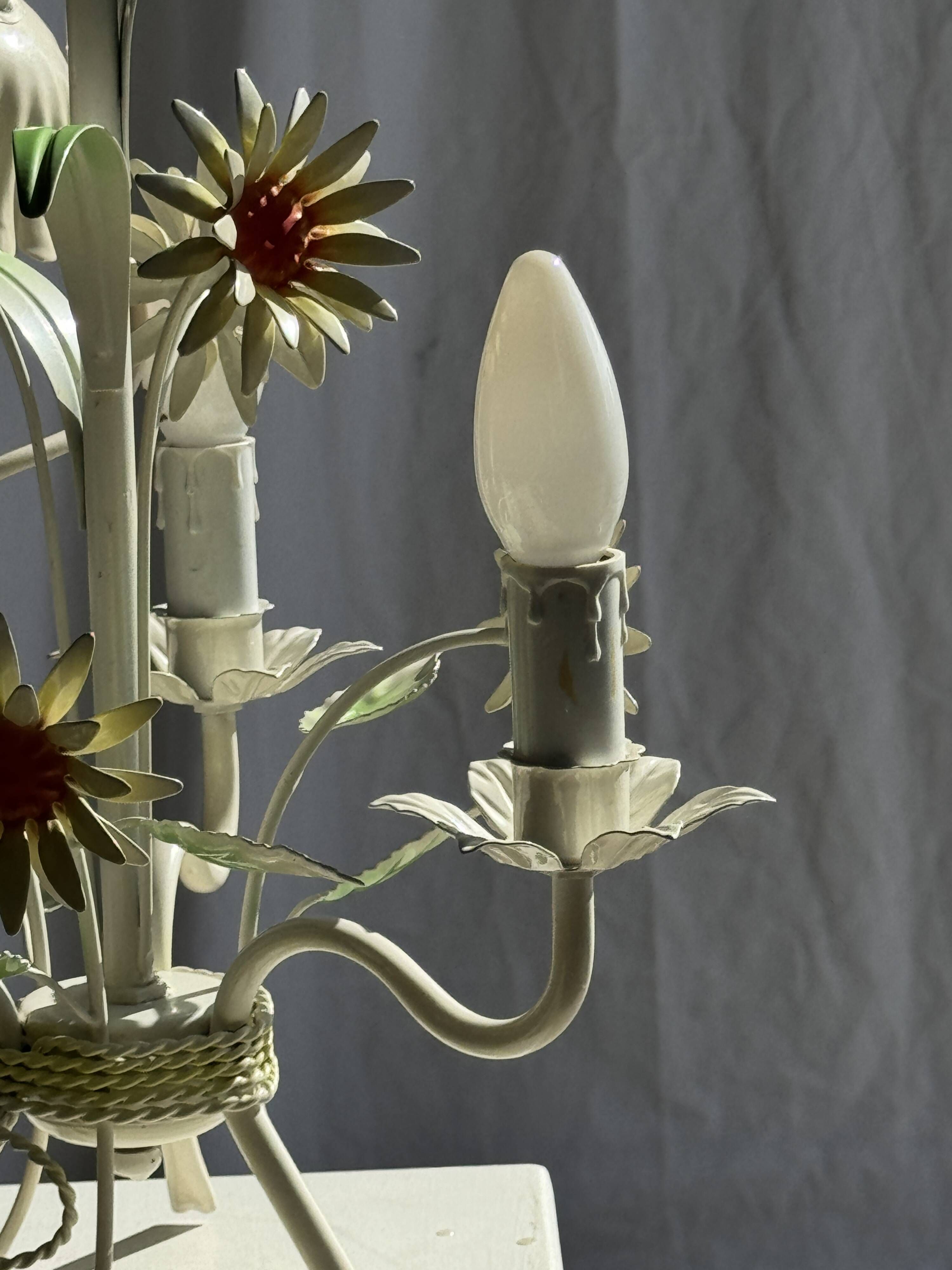 Small vintage cream metal flower chandelier with orange flowers and 3 arms.