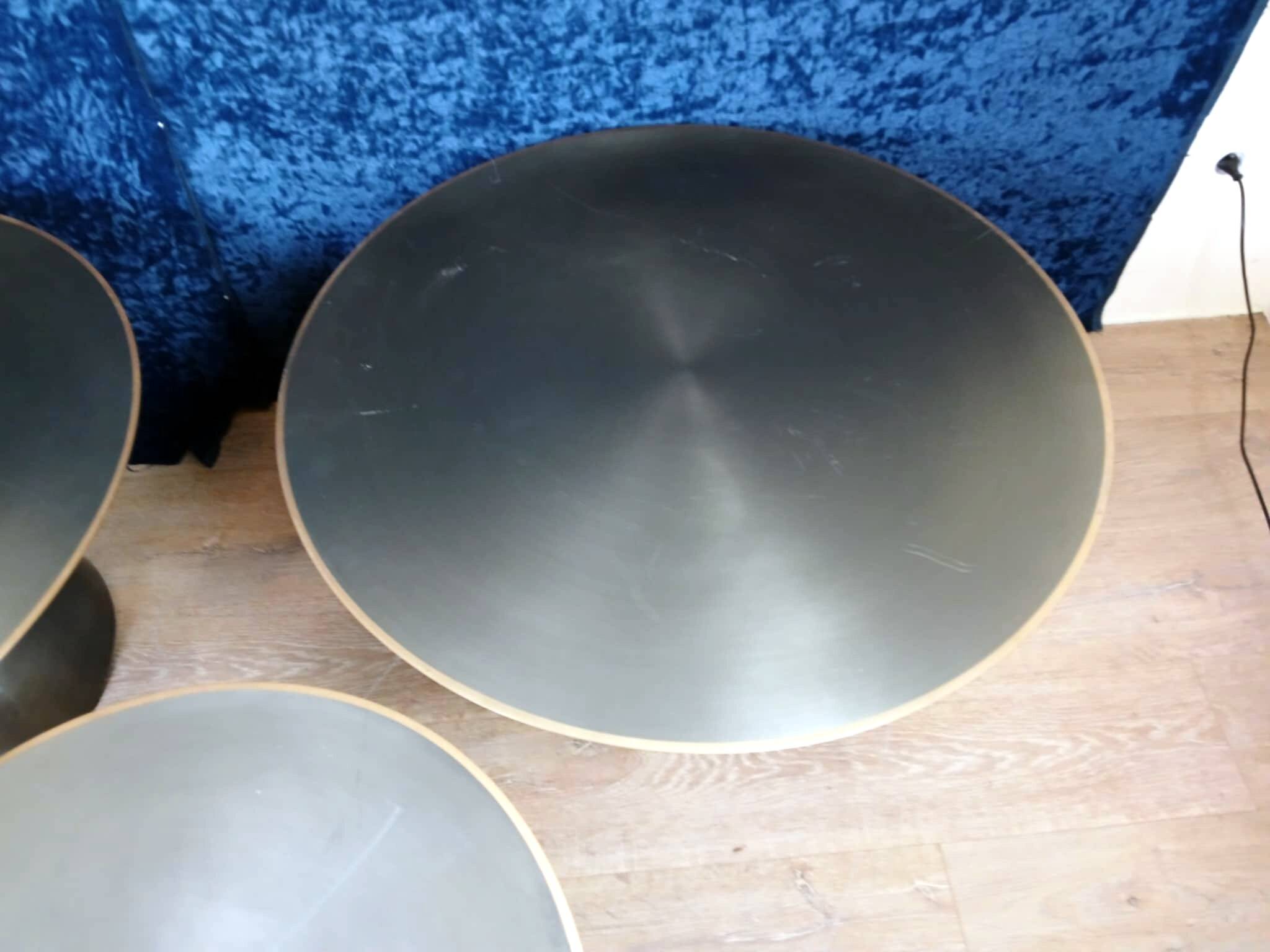 Set of three designer coffee tables in frosted metal, circa 1990/2000