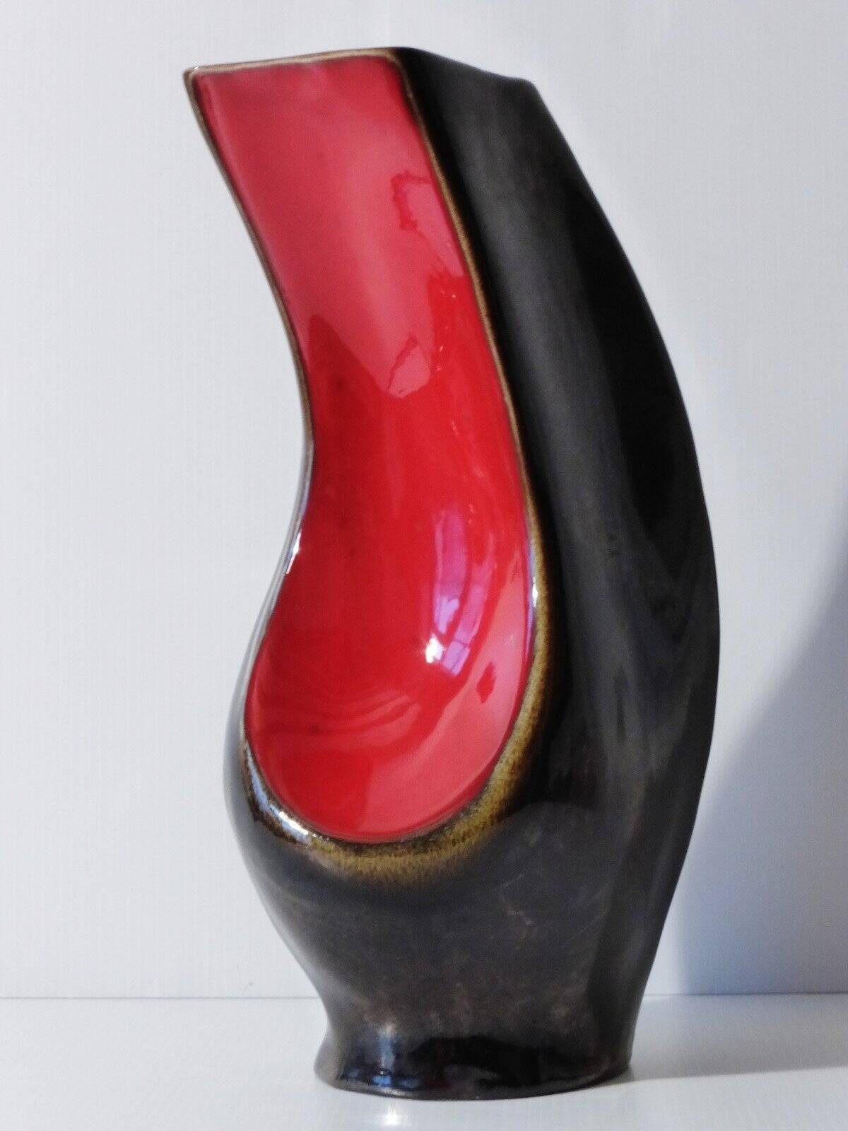 Vintage red and black pearlescent ceramic vase from the 1950s-1960s.