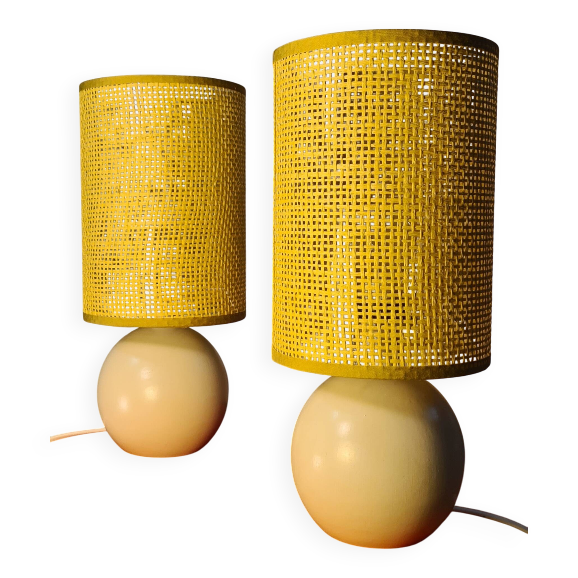 Pair of wooden bedside lamps with rush lampshades, scandinavian