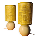 Pair of wooden bedside lamps with rush lampshades, scandinavian