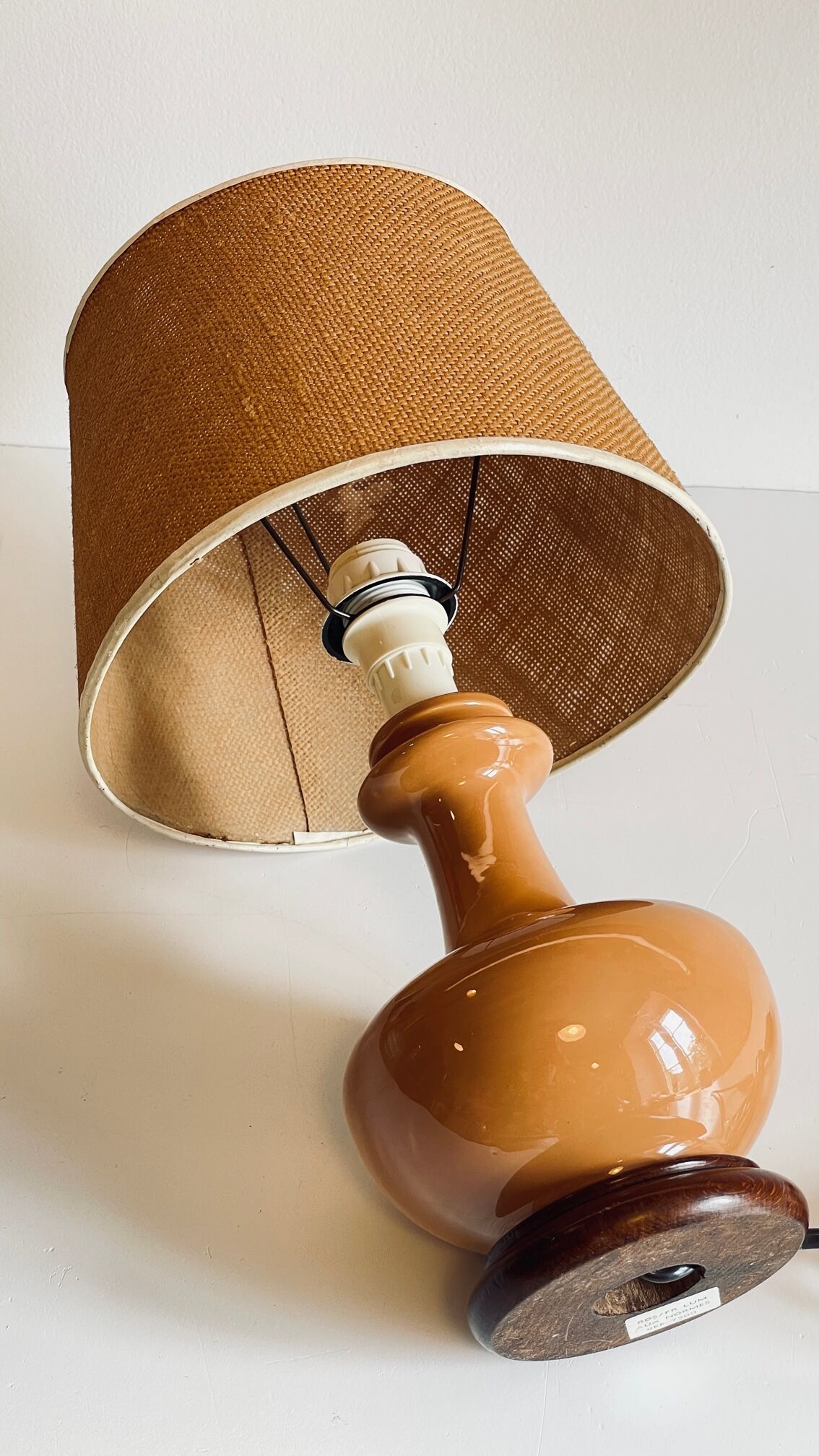 Ceramic lamp wood and vintage jute